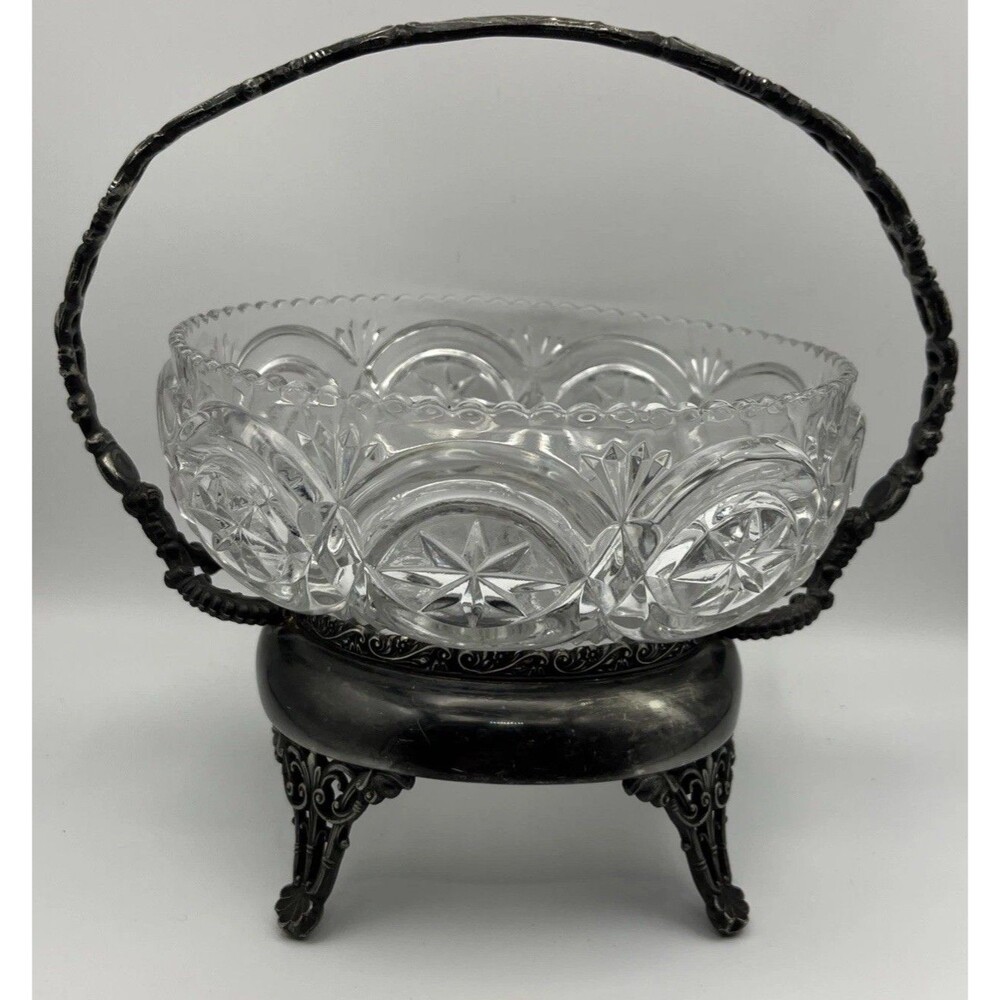 Antique Silverplate Bridal Basket & glass bowl- Hallmark Stamp E G Webster & Son